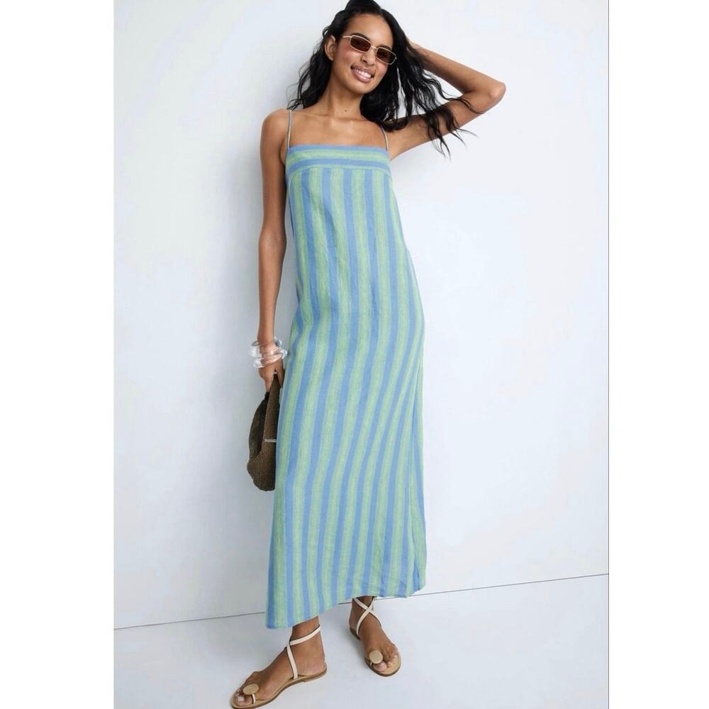 STAUD Blue Green 100% Linen Striped Lauren Square Neck Pull On Dress size Small